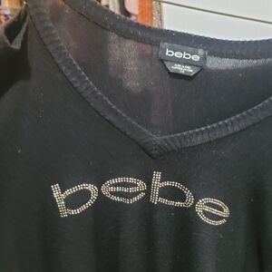 Bebe Black V-Neck Tee with Rhinestone Detail